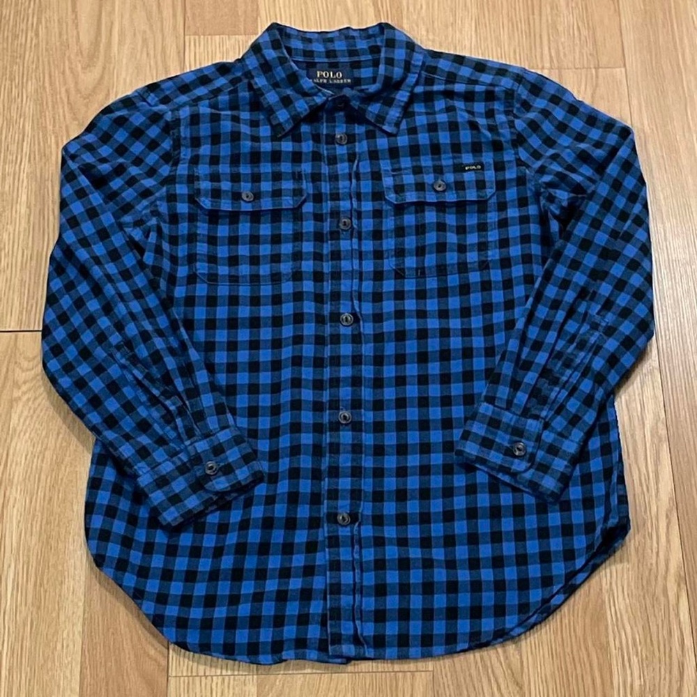 Polo Ralph Lauren Boys 7 Long Sleeve Button Down Flannel Shirt Blue Plaid Preppy